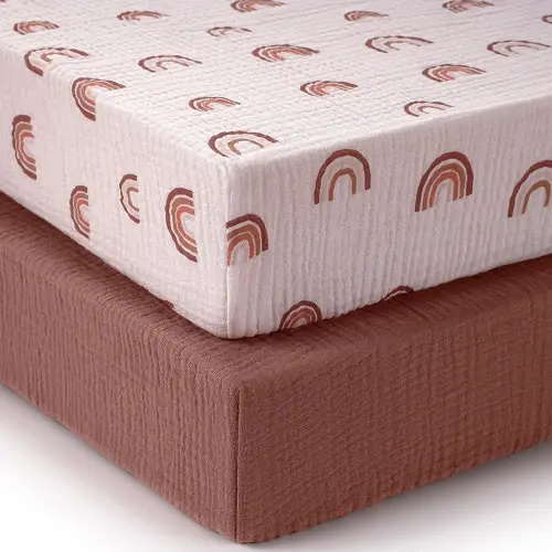 Blissful Diary Muslin Crib Sheets for Girl Boy, Boho Neutral Soft Cotton Baby Sheet for 52''x28'' Standard Crib Mattress, 2 Pack(Rainbow&Cedar)