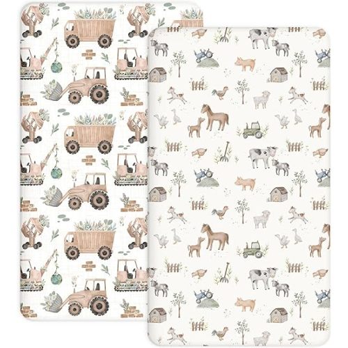 Pack and Play Sheets 2 Pack, Fitted Jersey Knit Mini Crib Sheets for Baby Boys and Girls, Compatible with Graco Pack N Play and Mini Crib Mattress (Little Farm, Pack N Play/Mini Crib Sheets)