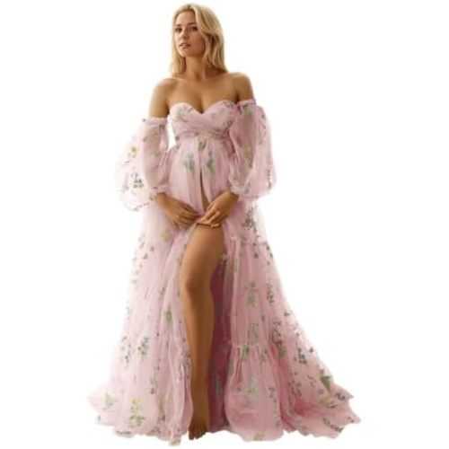 yinyyinhs Flower Embroidery Tulle Maternity Dresses for Photoshoot Long Puffy Sleeve Off Shoulder Pregnancy Baby Shower Dress