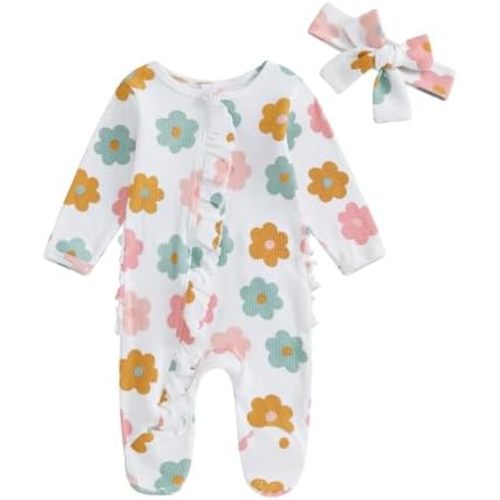 Newborn Baby Girl Coming Home Clothes Long Sleeve Jumpsuit and Headband Infant Fall Winter Outfits