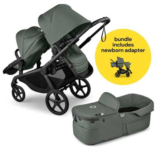 Bugaboo Kangaroo All-Position Newborn Double Stroller Bundle - Black / Forest Green / Forest Green