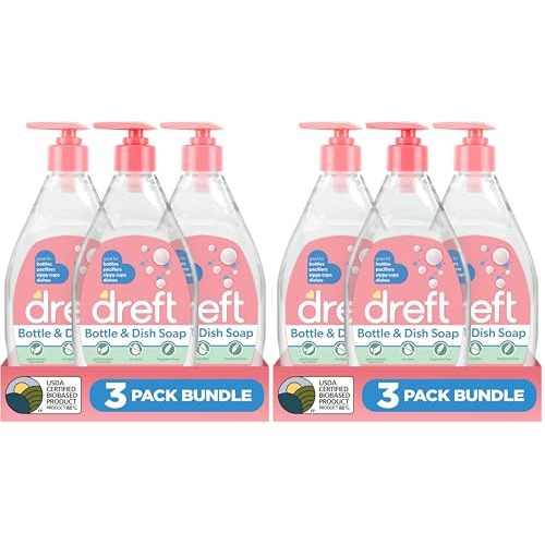 Dreft Bottle and Dish Soap | Made to Clean Baby Bottles,Sippy Cups,Pacifiers,Breast Pumps,& More | Gently Removes Milk Film & Odors-| Plant Based,Fragrance Free Dish Soap-| 18 Fl Oz,(Pack of 6)