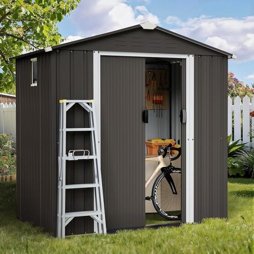 Shintenchi 6x4 FT Outdoor Storage Shed with Window, Lockable Outdoor Waterproof Tool Storage Sheds,Weather Resistant Tool Storage House Shed for Garden,Backyard,Patio Utility Tool Storage,Dark Gray