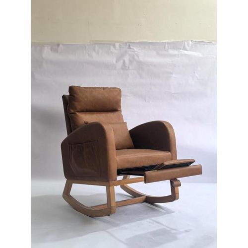 Nursery Glider Rocking Chair with High Backrest, Upholstered Breathable PU Leather & Sturdy Wooden Legs, Comfortable Nursing Chair