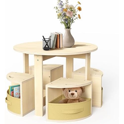 Table and Chair Set with 4 Storage Stools, Round Shaped Nesting Design, Activity Table for Play/Art/Reading/Craft, Natural