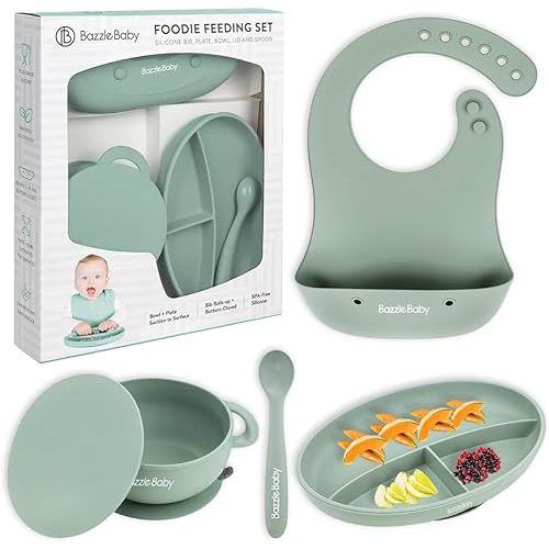 Bazzle Baby Foodie Feeding Set SIlicone Roll up bib with food catcher suction plate bowl lid and spoon