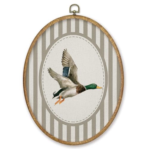 CGBHW Vintage Mallard Duck Nursery Oval Wall Art Decor Products, Kids Canvas Prints Framed, Neutral Striped Duck Farm Animal Wall Art Hanging Decor for Home Kids Baby Toddler Boy Room Playroom, 8.6x11.4 Inch