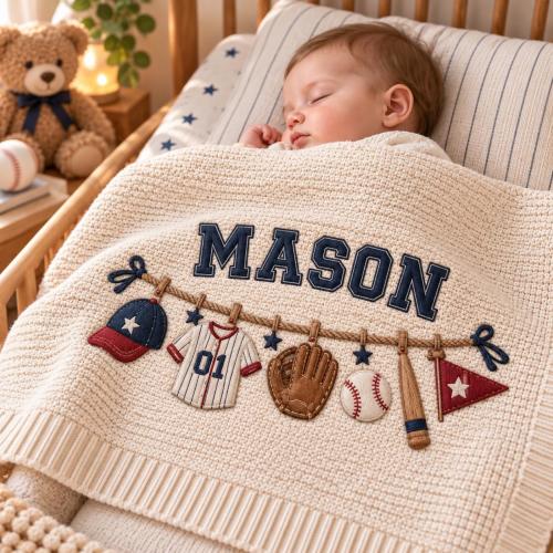 Personalized Baseball Baby Blanket, Baby Boy Gift, Custom Name Sports Blanket, Newborn Baseball Nursery Decor, Baby Shower Gift