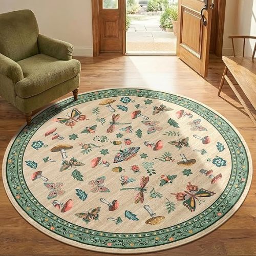 Mushroom Insect 6ft Round Rug Washable Non-Slip Soft Ultra-Thin Small Boho Circle Carpet for Entryway Kitchen Bedroom Nursery Dining Room Khaki Green