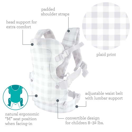 Infantino Flip 4-in-1 Convertible Baby Carrier, 4-Position, Unisex Baby, 8-32lbs, Plaid