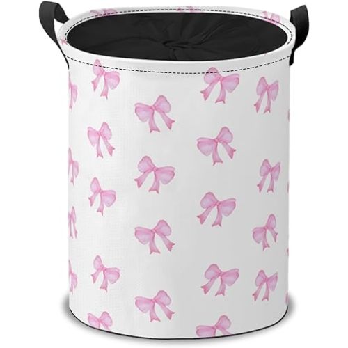 Pink Bow Laundry Hamper Basket,Cute Ribbon Bow Collapsible Portable Laundry Bag, Storage Bins Toys Storage Gifts Basket, Bedroom Home Nursery Decor for Baby Girl Women