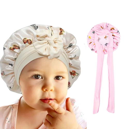 DODAMOUR Kids Satin Silk Bonnet, Adjustable Sleep Cap with Elastic Tie, Butterfly Design, 2 Pack (Beige, Pink)
