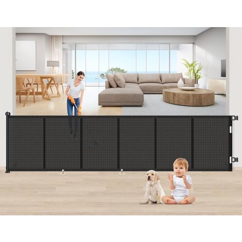 EZIGO 150 Inch Retractable Baby Gates Extra Wide Reinforced Baby Dog Gate | 34 Inch Tall Retractable Dog Gate with Reinforced Strip Mesh Safety Pet Gate for Stairs Hallway Doorway Indoor Outdoor, Black