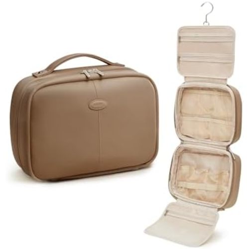 EACHY Toiletry Bag with Hanging Hook, Travel Makeup Bag PU Leather Cosmetic Bags for Women Make Up Organizer with 4 Compartments Waterproof Full-Size Portable Travel Essentials (Etoupe Grey-Pro)