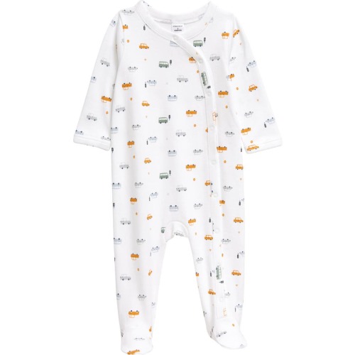 Baby Print Cotton Footie, 3M, White Tiny Cars