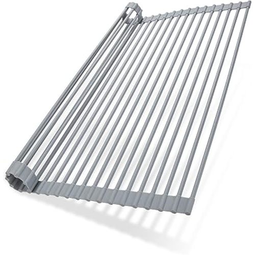 Ohuhu Over The Sink Dish Drying Rack, 20.5" W x 13.1" L Rolling Dish Drainer Foldable Sink Accessories Heat-Resistant Mat Anti-Slip Silicone Coated Dish Racks for Kitchen Counter