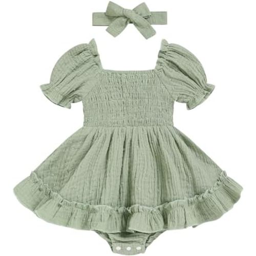 GRNSHTS Baby Girl Romper Dress, Puff Sleeve Smocked Outfit with Headband for Infants Soft Cotton Photo Shoot