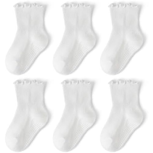 6 Pairs non-slip ruffle socks for baby girls toddler girls，cute grippy comfortable ankle socks for all seasons