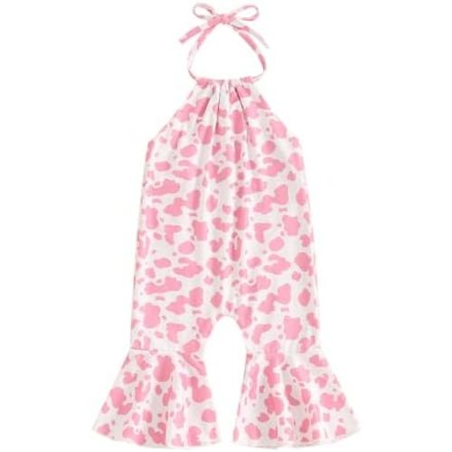 Chloefairy Toddler Baby Girl Bell Bottom Romper Cow Print Overalls Halter Flare Pants Jumpsuit Western Cowgirl Summer Outfit