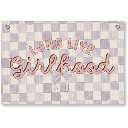 Girls Room Decor Long Live Girlhood Linen Banner, Playroom Wall Decor for Nursery Girl, Vintage Purple Kids Bedroom Toddler Decorations Room Banner 20x30 Inch