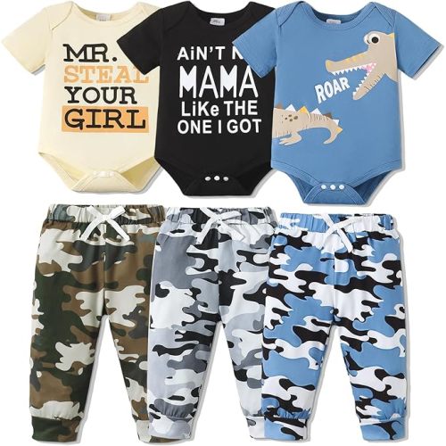 NZRVAWS Newborn Baby Boy Clothes Infant Boy Outfits Romper Pants Set 6 Pcs 0 3 6 9 12 Months