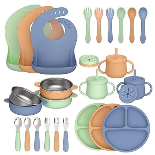 27 Pack Silicone Baby Feeding Set, Food Grade Silicone Baby LED Weaning Supplies, Include Suction Plates, Baby Bowls, Bibs, Fork & Spoon, Training cup with straw, 6 Months+(Brown, Blue, Green)