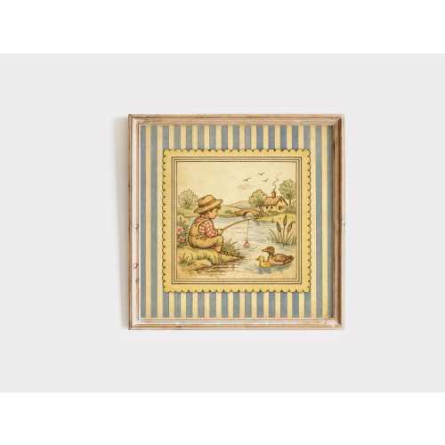 Vintage Fishing Boy Wall Art, Blue Striped Nursery Print, Storybook Wall Decor
