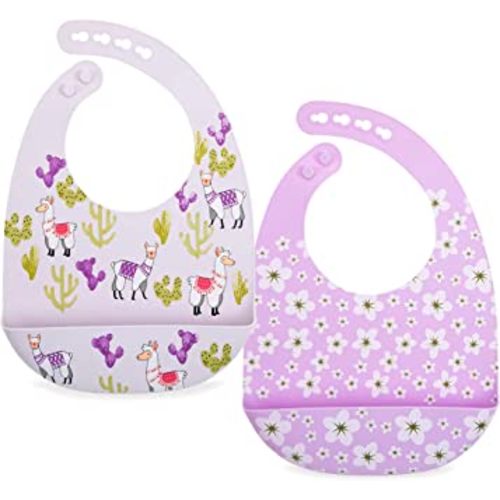 Nuby 2 Pack Adjustable Easy Clean Soft Silicone Bibs with Scoop, Flowers & Llama