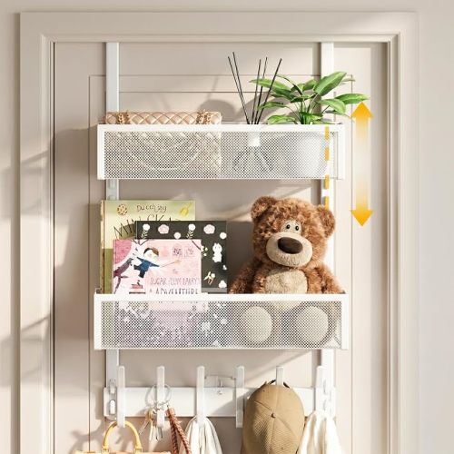 Over the Door Hooks Organizer, Over Door Storage with 12 Coat Hooks and 2 Mesh Basket, Bathroom Door Organizer Towel Rack Back of Door Hanger Organizer for Bedroom, Kitchen(White)
