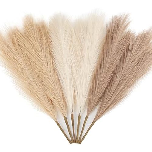 ZIFTY 6-Pcs 17" Pampas Grass Faux Pompas Fluffy Artificial Fake Flower Boho Decor for Vase Filler Ins Style Modern Home Wedding Decorations (Beige Mixed)