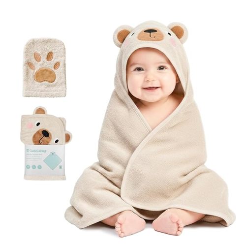 CuddleBug Hooded Baby Towel & Washcloth Set for Toddlers, Cotton Bear Beige