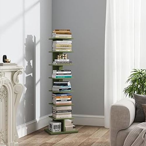 TUTOTAK Bookshelf, 8-Tier Bookcase, Narrow Spine Book Shelf for Small Space, Corner Standing Shelf for Living Room, Office, Study, Entryway, Olive Green BS06BOG008