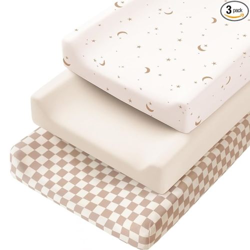 Konssy 3 Pack Stretchy Changing Pad Covers for Girl, Boy, Silky Soft Changing Table Cover, Breathable Baby Nursery Diaper Chang Pad Sheets (Coffee Check)