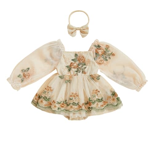 Douhoow Baby Girl Romper Dress 3D Floral Daisy Baby Romper and Bow Headband 2 Pcs Infant Fall Winter Festival Clothes