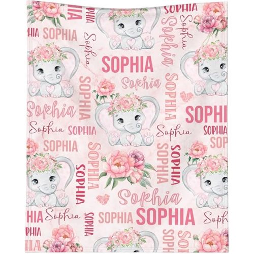 Custom Elephant Baby Blanket for Girls Boys Pink Personalized Blanket with Name Soft Flannel Throw Blankets for Couch Bed Personalized Gifts Small 50×40in for Child/Kids