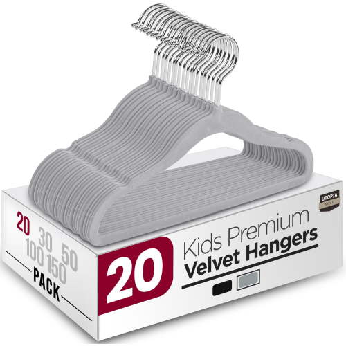 Utopia Home Kids Velvet Hangers 20 Pack 11 Inch Non-Slip Baby Hangers for Baby and Toddlers, Durable Ultra-Slim Space-Saving Closet Organizers Grey