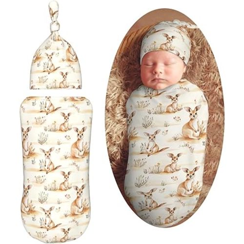 Watercolor Cute Kangaroo Newborn Swaddle Blankets Hat Sets Soft Baby Receiving Blanket Swaddle Sack for Baby Shower Infant Boy Girl Gift