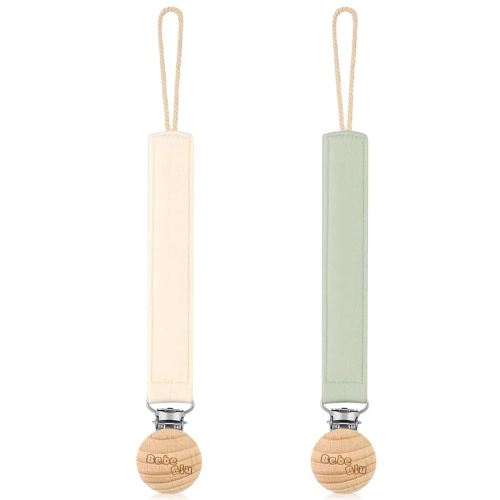 Baby Pacifier Clip, 2 Pack Fabric Pacifier Clips, Super Soft Fabric Strap with Wooden Clip, Pacifier Clips for Baby Girl & Boy (Cream/Sage)