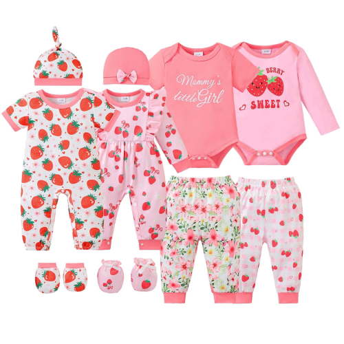 KIMI BEAR Newborn Baby Girl Layette Set 3-6 Months Shower Gift Sets 4 Packs Romper Pants Sets Long Sleeves Short Sleeves Strawberry Bodysuit with Hat Gloves 10pcs Pink
