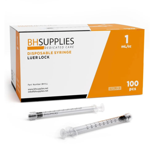 BH Supplies 1ml Luer Lock Tip Syringes (No Needle) - Sterile, Individually Wrapped - 100 Syringes
