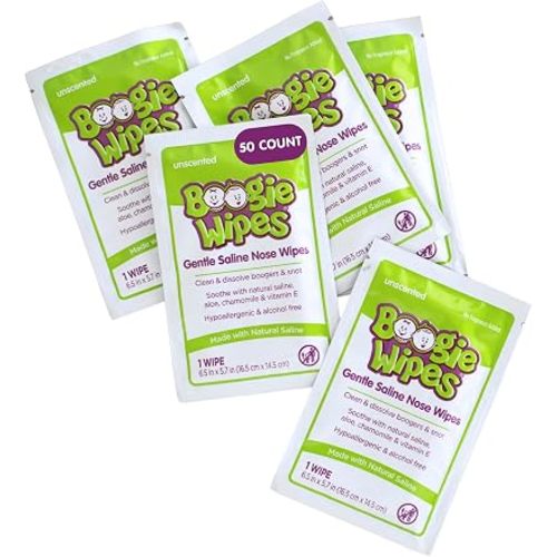 Boogie Wipes Single Packs, Unscented, Wipes Away Dirt and Germs, Natural Saline Tissue with Aloe, Chamomile and Vitamin E, 1 Count, Pack of 50