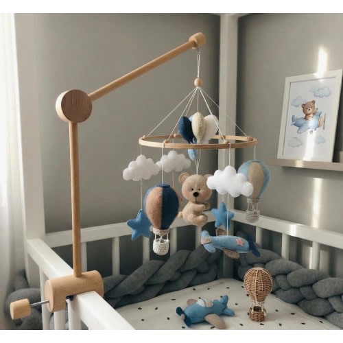 Aviator Bear Baby Mobile, Airplane Crib Toy, Travel Decor, Wooden Hot Air Balloon