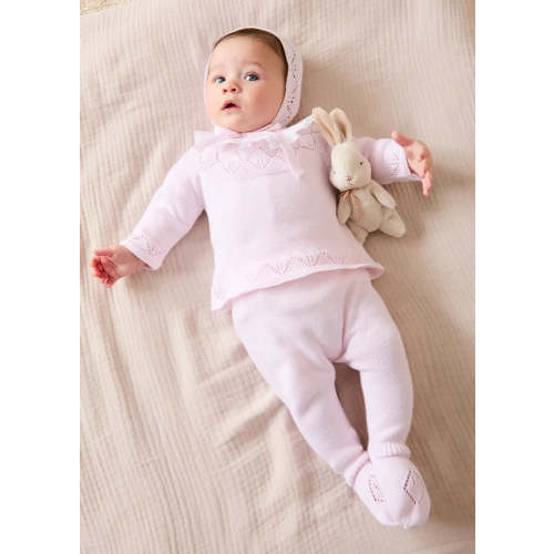Diamond Openwork Three Piece Knitted Set in Baby Pink | Pepa London