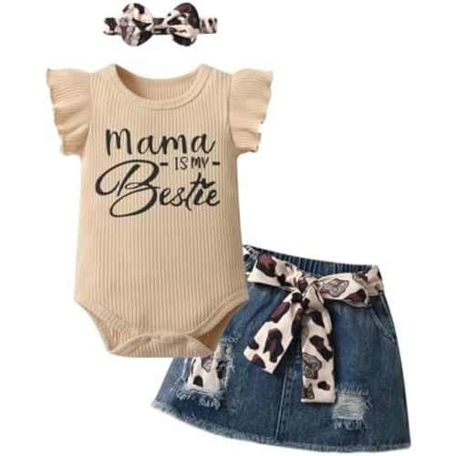 4PCS Infant Newborn Baby Girls Romper Dress Clothes Outfits Set Long/Short Ruffle Bodysuit Denim Skirt With Pocket Headband