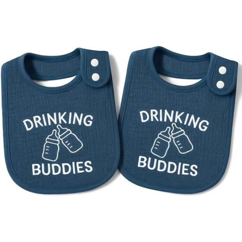 Twin Bibs – Ultra-Soft Cotton Yarn Twin Baby Bibs - 'Drinking Buddies' Design, High Absorbency, Perfect Infant Gift