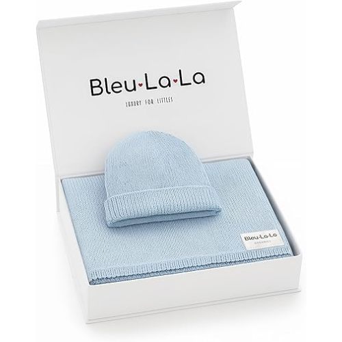 Luxe Collection 100% Organic Luxury Knit Baby Blanket + Hat Set (Sky Blue)