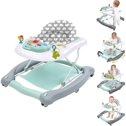 5 in 1 Foldable Baby Walker, Activity Baby Walker-Baby Bouncer, Rocker, Activity Center,Seat and Push Walker,Detachable Trampoline Mat, Adjustable Speed Rear Wheels and Height,Ages 6-18 Months(Mint)