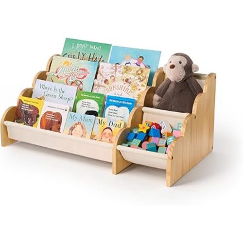 Puricon 4-Tier Wooden Bookshelf with Storage, Front-Facing Sling Bookcase Organizer with Wavy Edge, Perfect for Playroom, Bedroom & Classroom -Beige