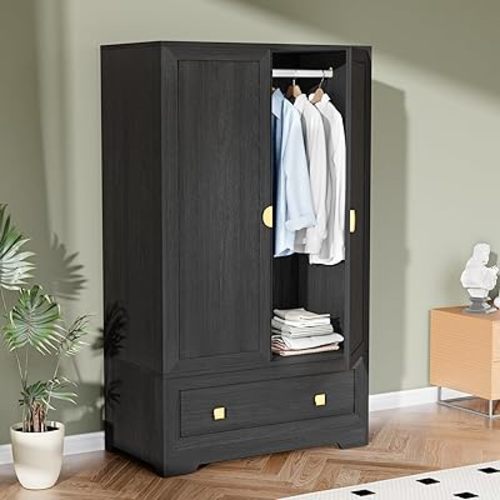 VINGLI Armoire Wardrobe Closet with Doors, 38" W Armoire Wardrobe Cabinet with Drawers and Hanging Rod, Black Wood Bedroom Armoires, 21" D x 38" W x 65" H