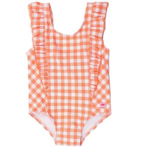 Rufflebutts Baby Girls Upf50+ Waterfall One Piece - Coral Gingham, 3-6m